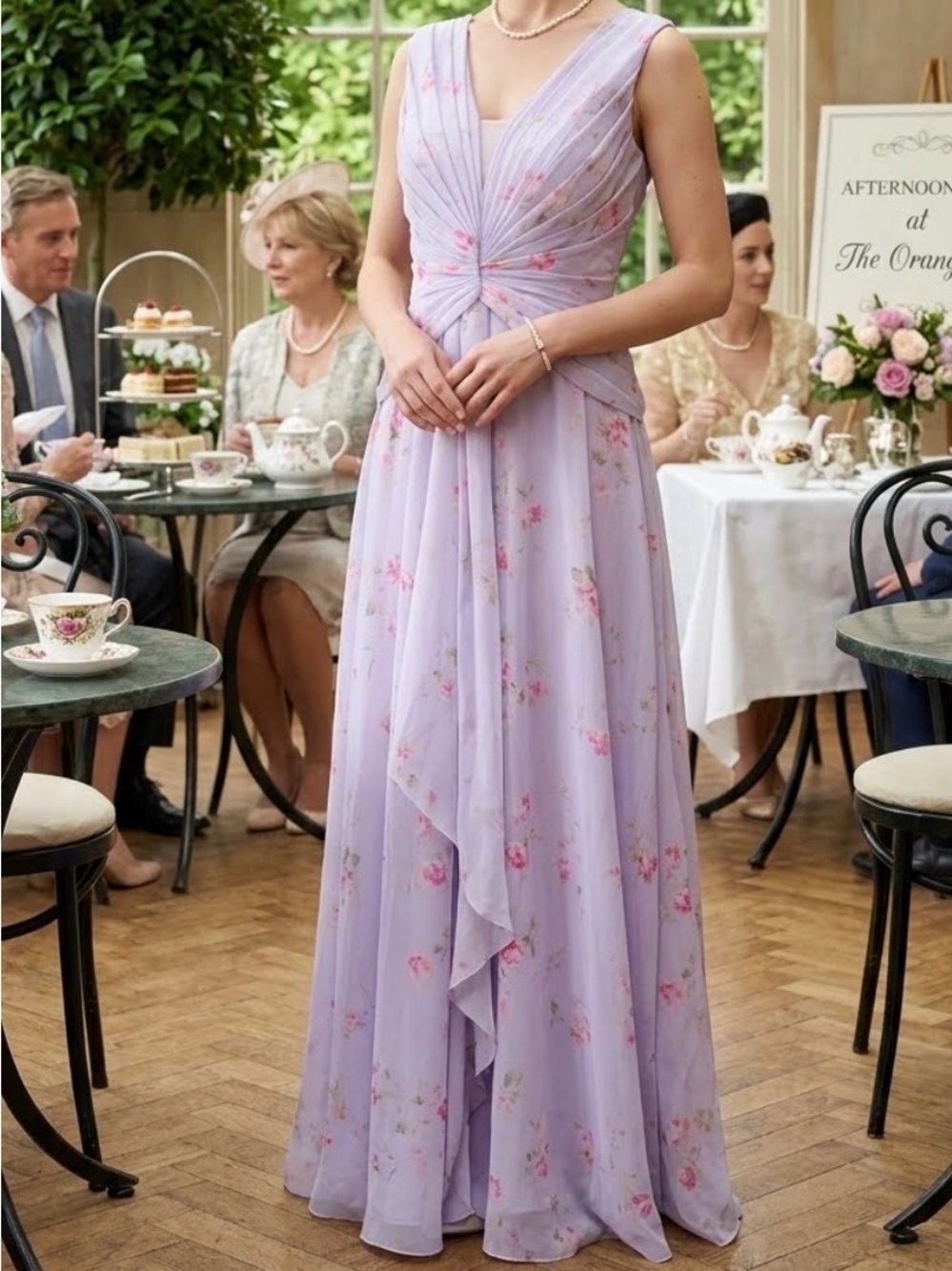 Lilac Floral V-Neck Chiffon Evening Dress